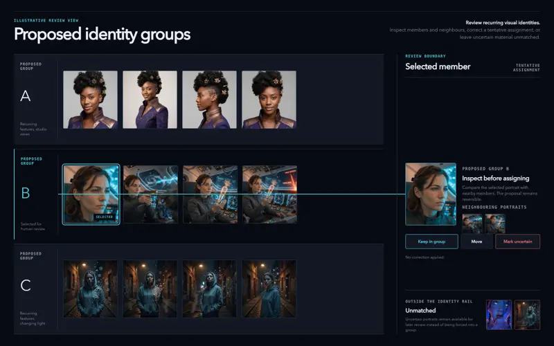Face Clustering Engine — illustrative review interface